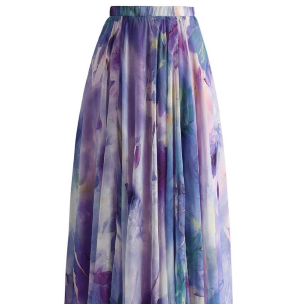 DANCING WATERCOLOR FLORAL MAXI SKIRT IN VIOLET